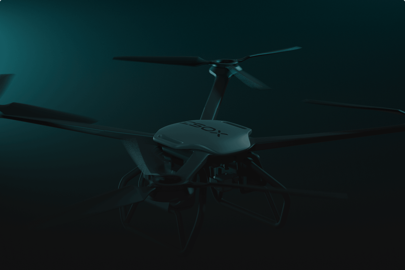 A dark, close-up photo of a quadcopter drone with four propellers, set against a teal gradient background, highlighting the sleek design and modern technology of the device.