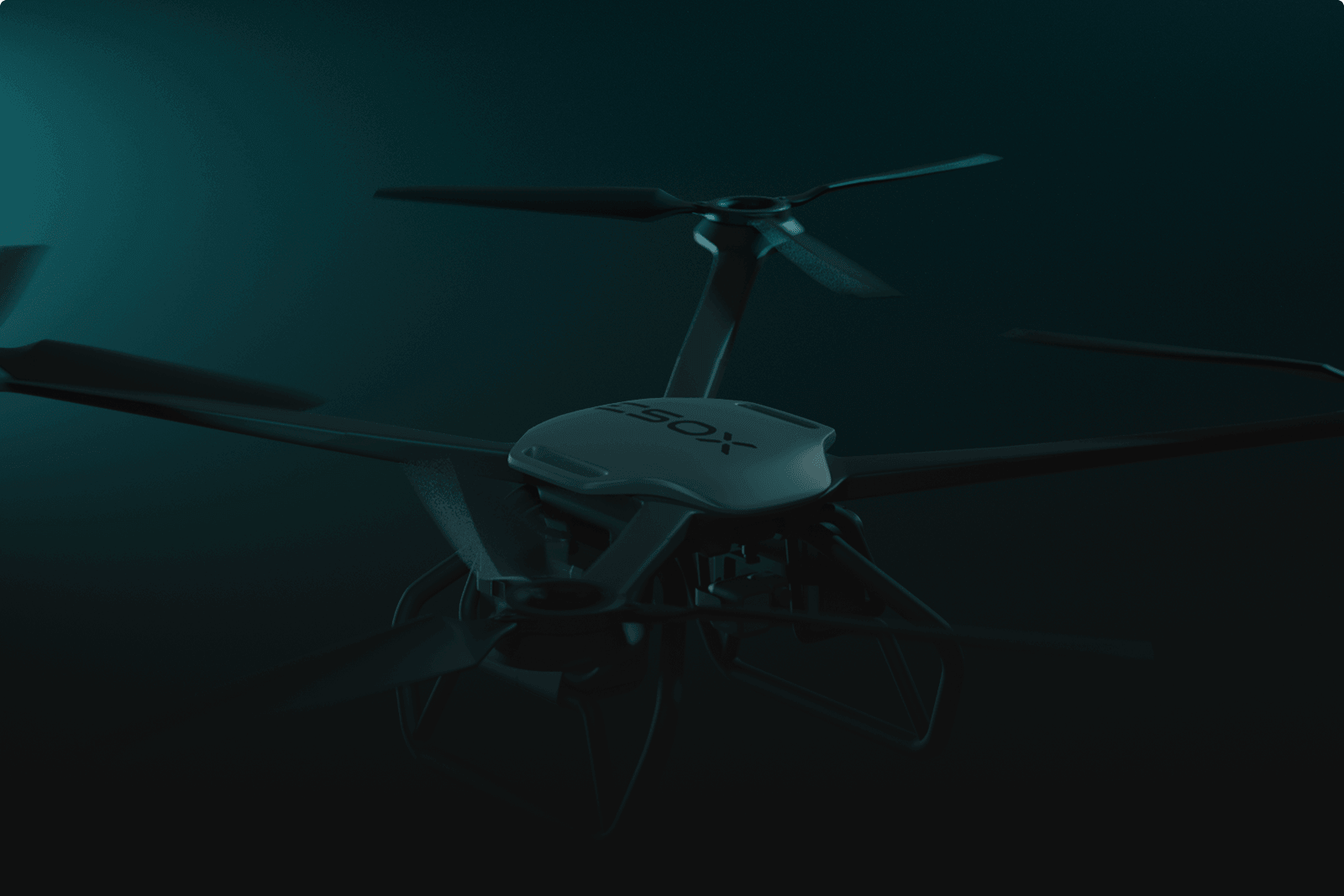 A dark, moody image of a quadcopter drone with four propellers, flying against a black and teal background. The drone’s body is sleek and labeled “SOX” on top.