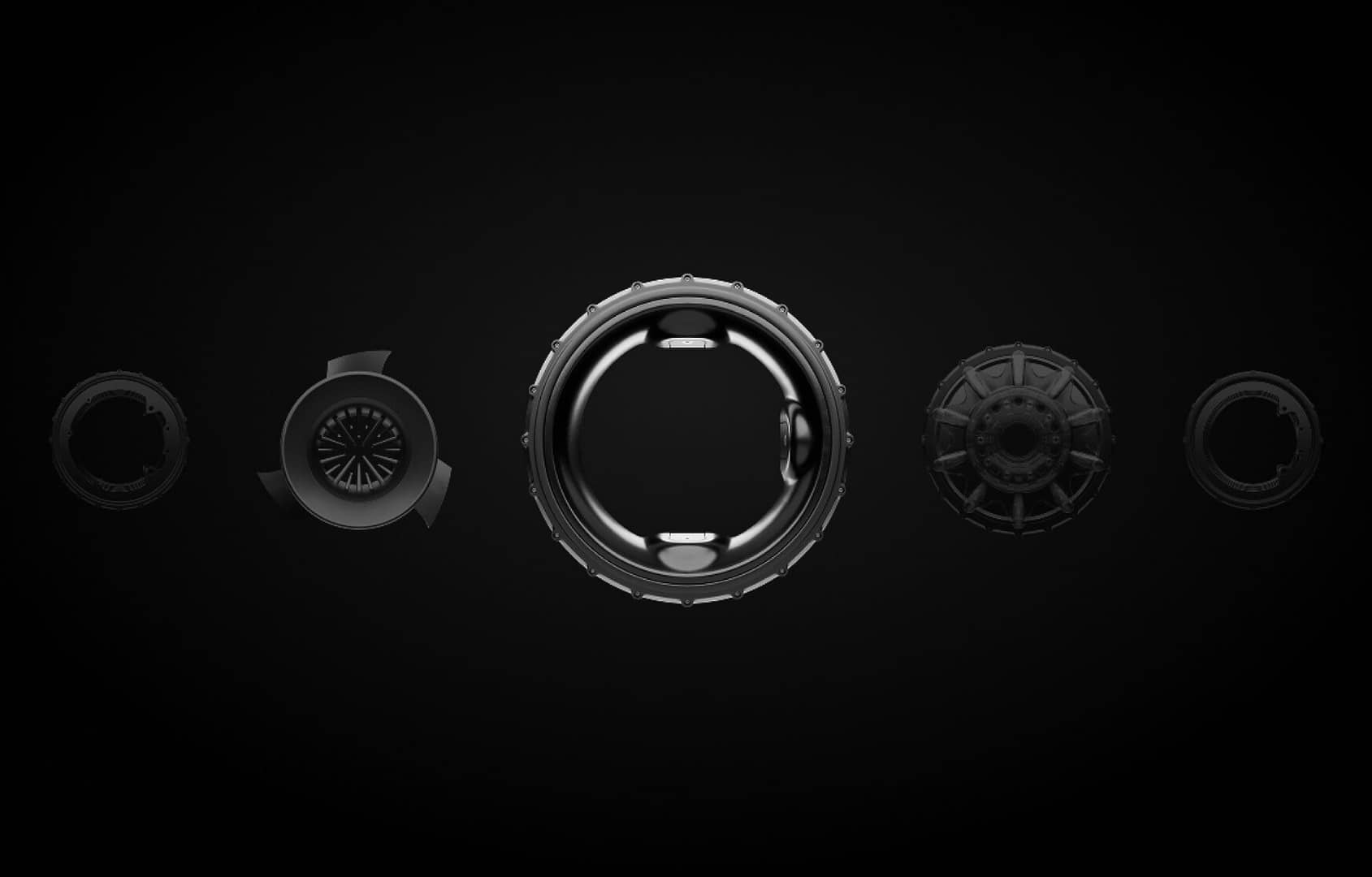 Five abstract, circular shapes with intricate designs are evenly spaced against a dark background, creating a symmetrical and futuristic appearance. Each shape features unique patterns and textures, resembling mechanical or technological components.