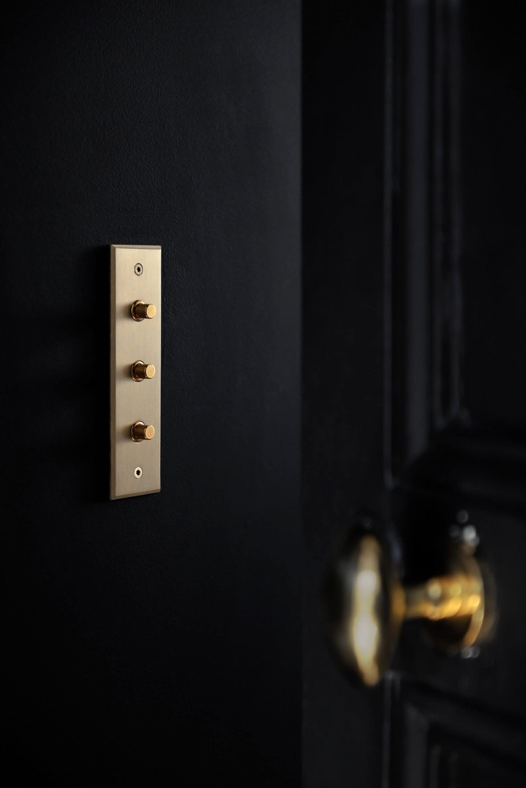 A black door with a gold knob on it.