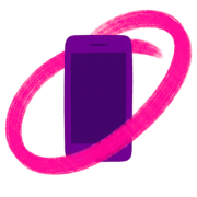 A stylized illustration of a purple smartphone with a pink circular brushstroke looping around it on a light gray background.