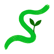A green, painted brushstroke forms an S shape, with a small plant sprouting two leaves near the center, on a light gray background.