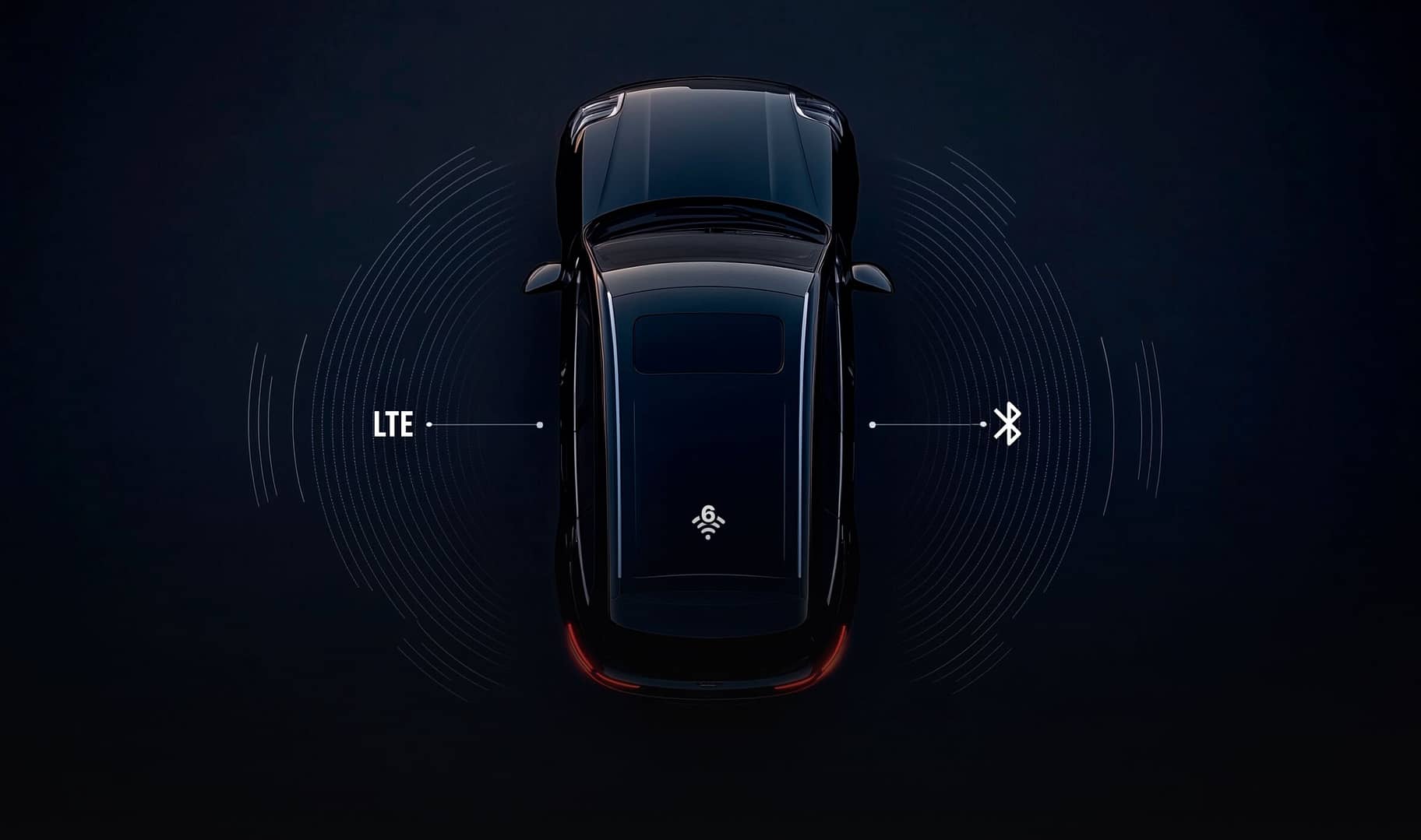 Aerial view of a black car with graphical representations of LTE and Bluetooth signals emanating from it, indicating connectivity features. The background is dark, highlighting the car's sleek design and advanced technology icons.