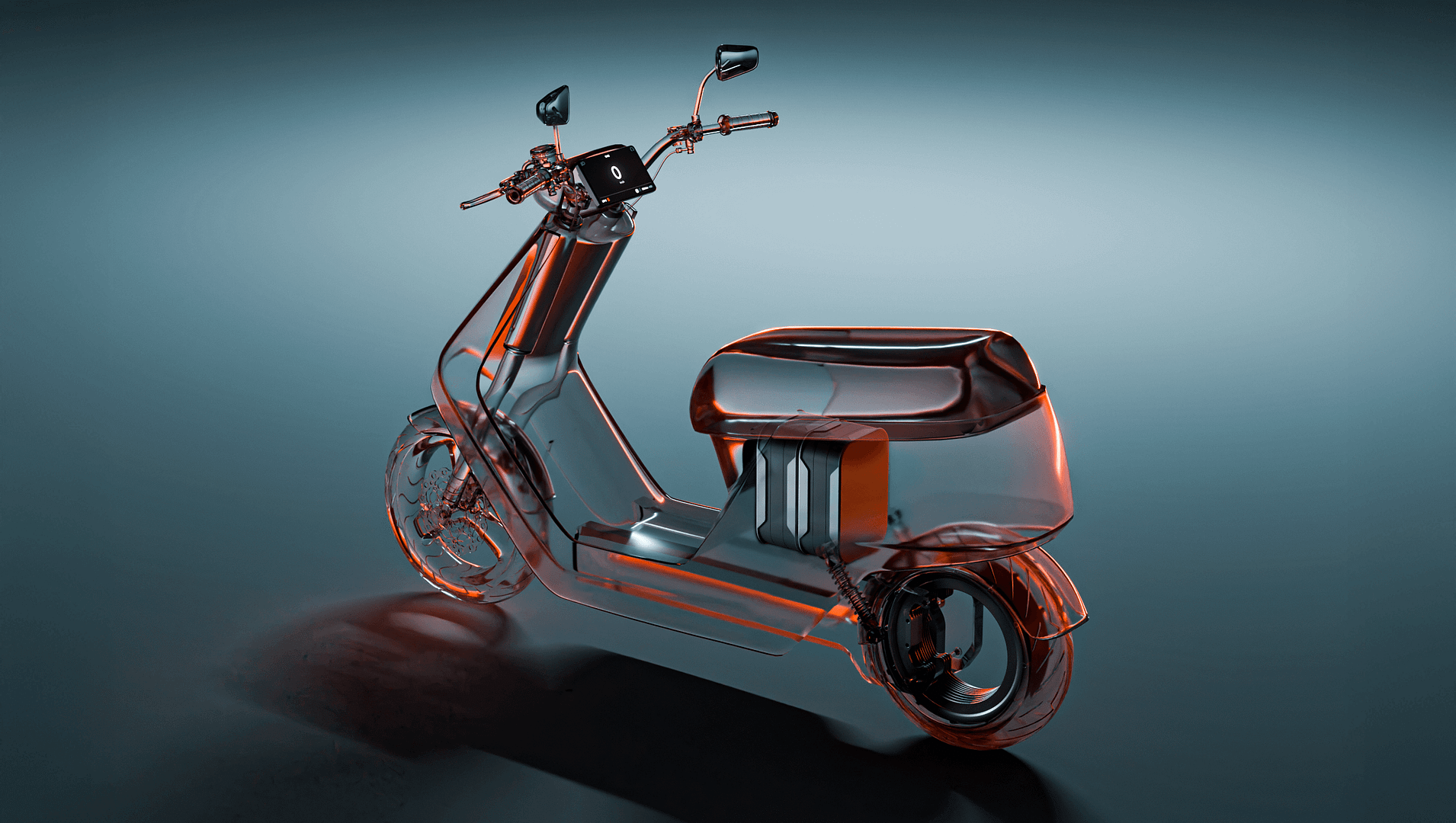 A transparent, futuristic electric scooter is shown on a glossy surface with subtle red and blue lighting highlighting its sleek, modern design and visible internal components.
