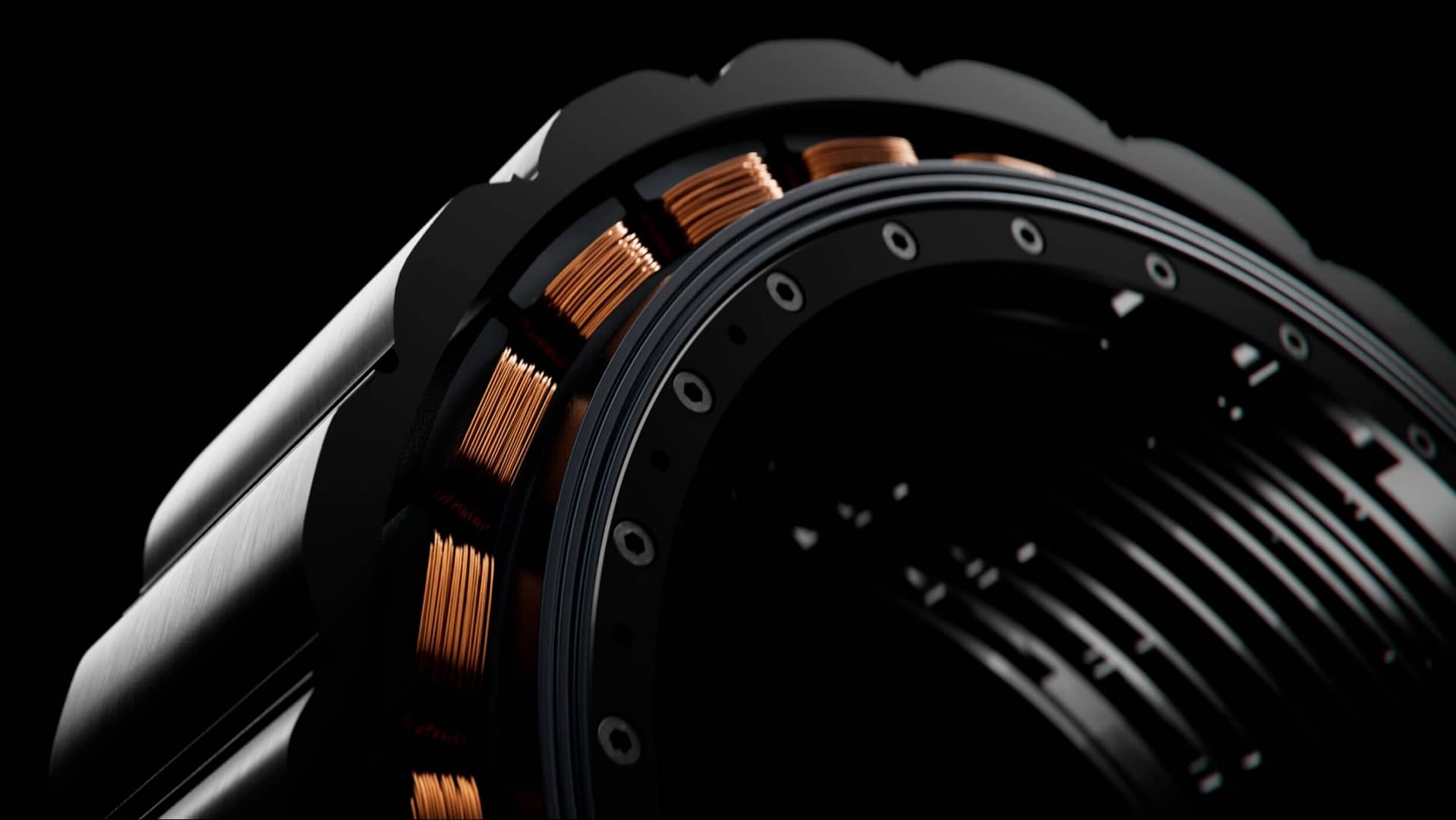 Close-up of a mechanical component with copper coils and a circular metallic structure against a dark background, highlighting the intricate engineering details.