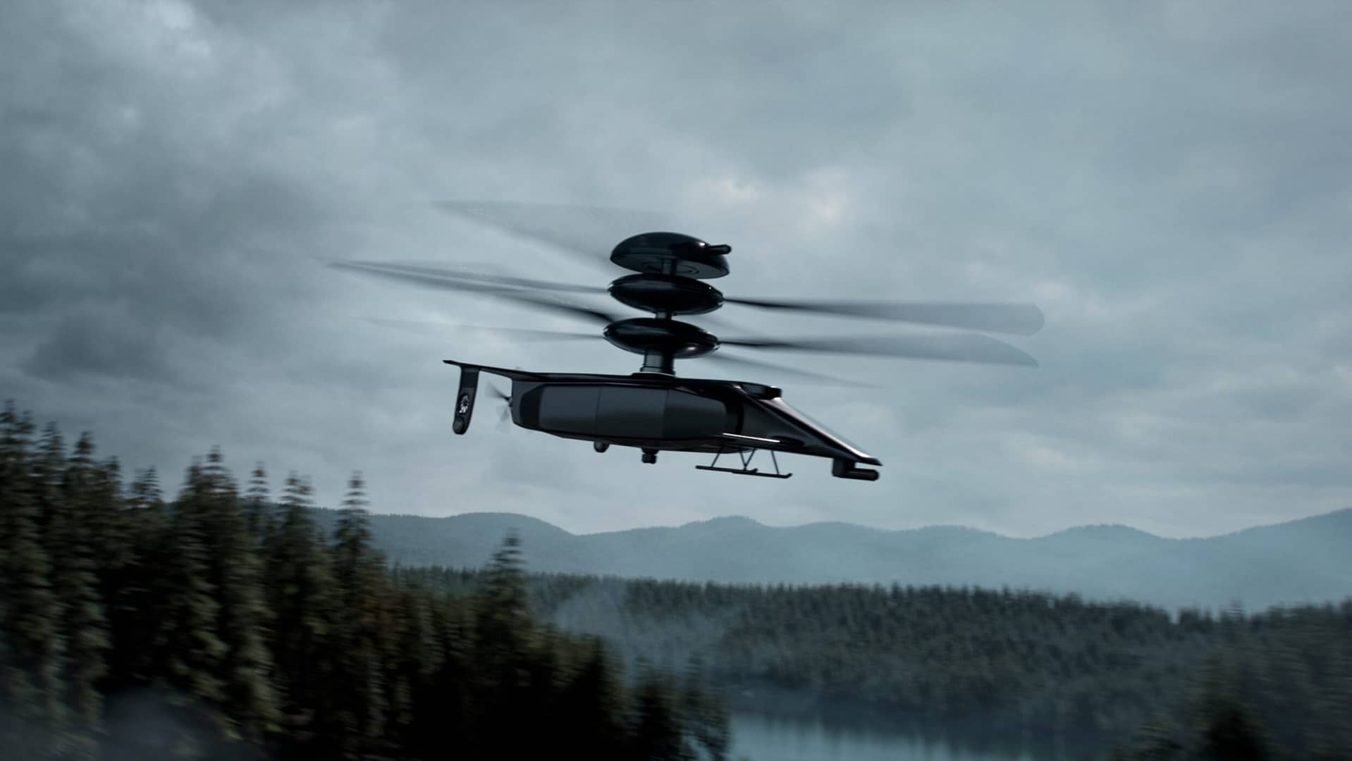 A futuristic drone helicopter with multiple rotor blades hovers in a cloudy sky above a forested landscape, with misty hills in the distance.
