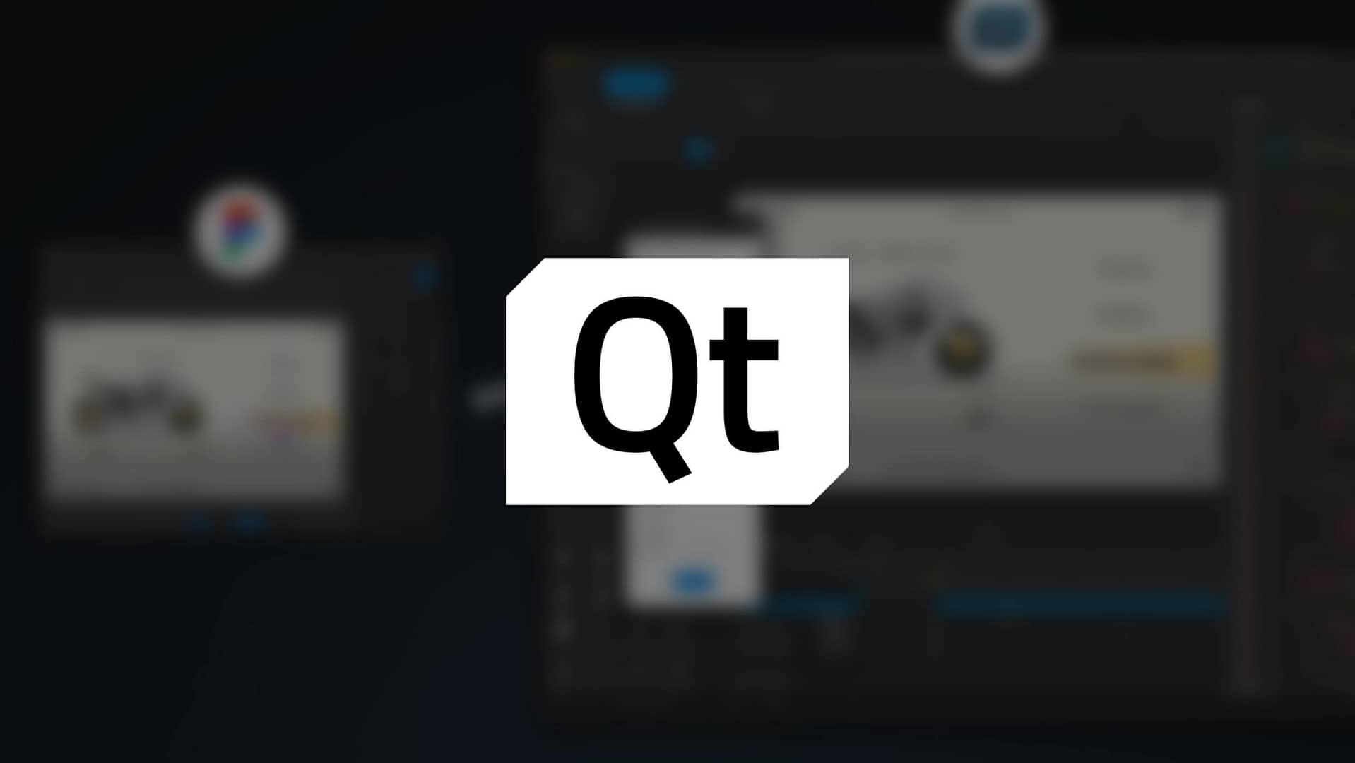 The image features the Qt logo prominently in the center against a blurred background of software interface screenshots. Qt is a popular framework for building cross-platform applications.