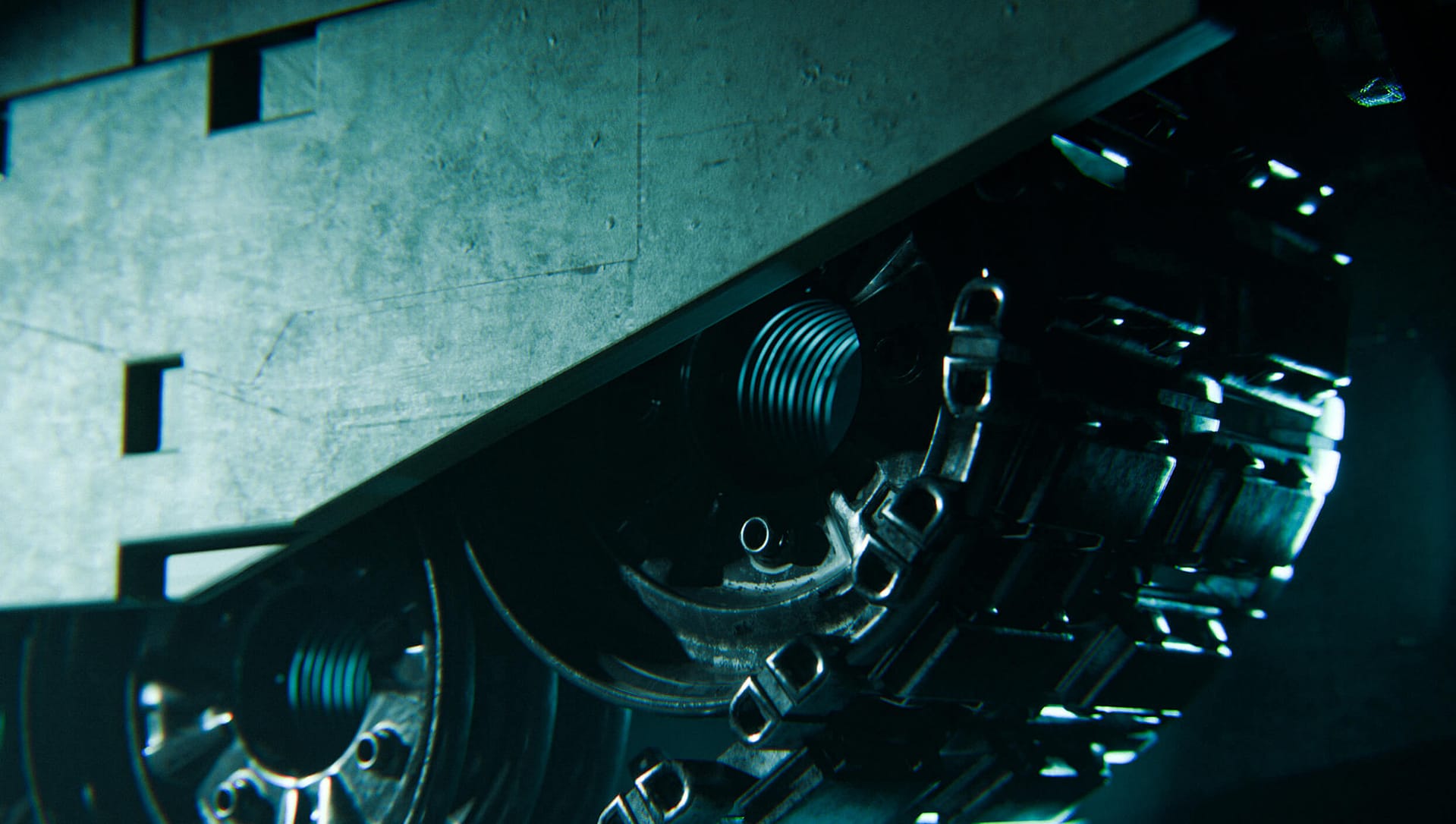 Close-up of a heavy, metallic tank tread and wheels, partially covered by an angled armor plate, with dramatic lighting emphasizing textures and mechanical details.