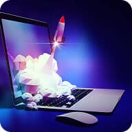 A digital illustration of a laptop with a rocket launching from the screen, surrounded by stylized clouds, symbolizing technology, innovation, and new beginnings. The background is blue and purple.