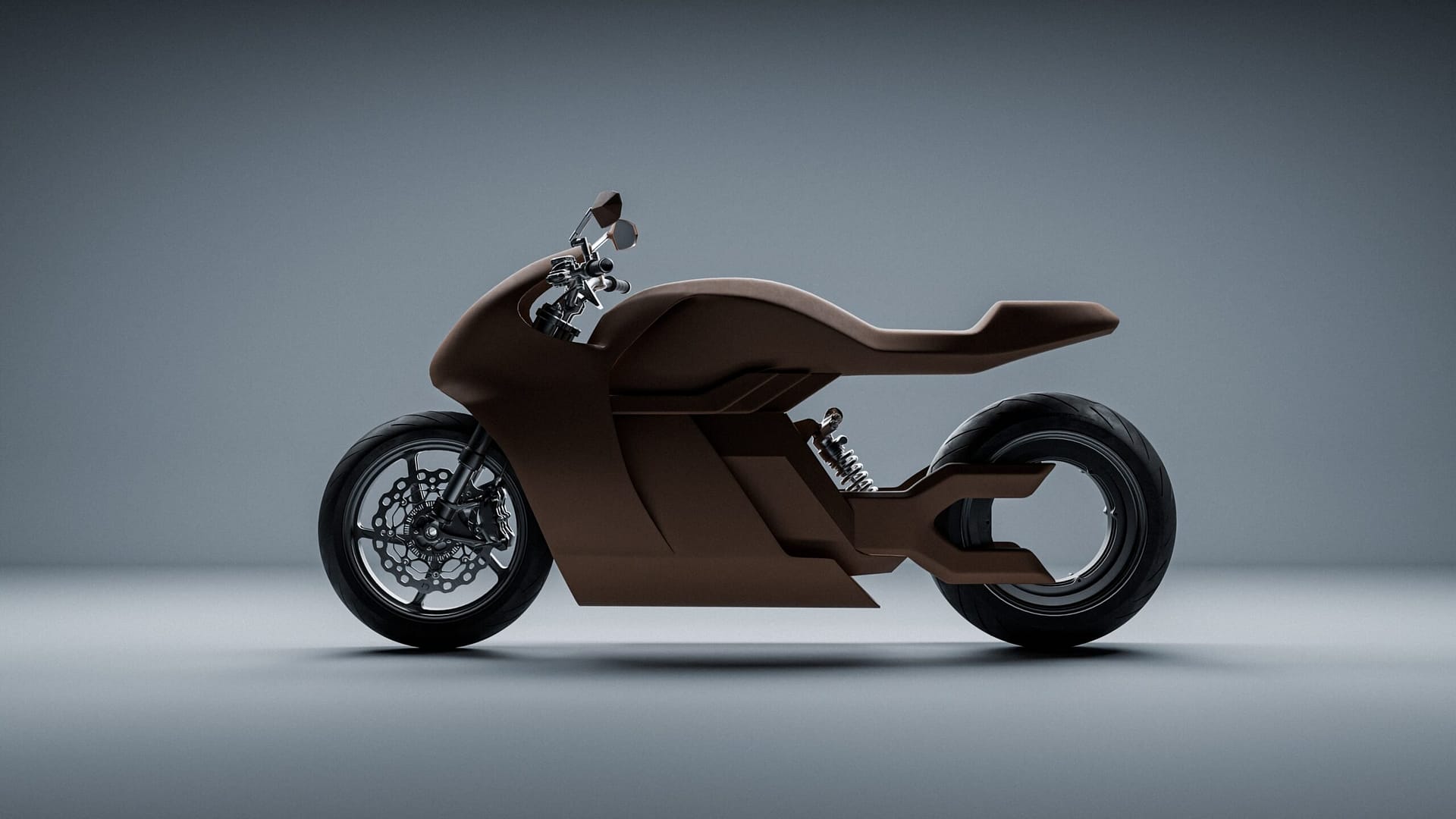 A futuristic motorbike with a sleek, minimalist brown design is set against a neutral background. The bike features a streamlined body, open-frame wheels, and advanced suspension, emphasizing a modern aesthetic.