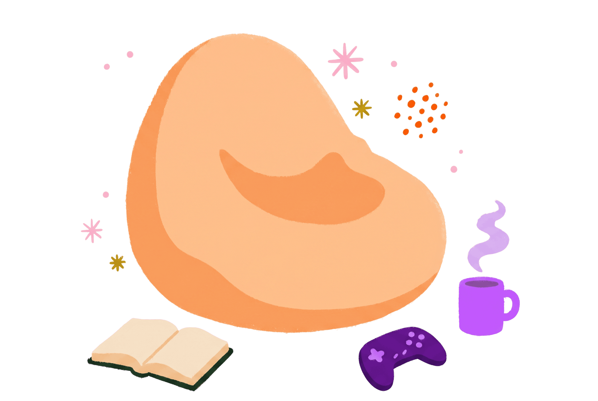 Illustration of an orange bean bag chair surrounded by a steaming purple mug, a purple game controller, an open book, and colorful decorative sparkles and dots on a white background.