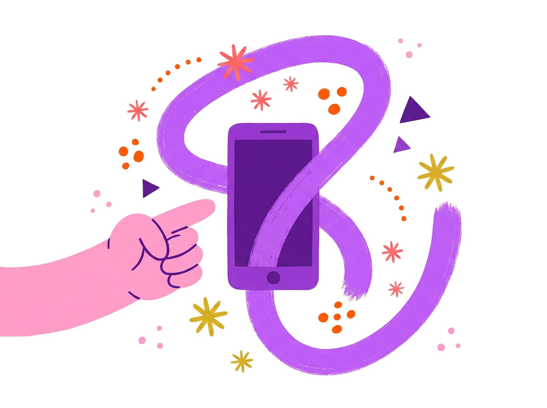 A hand points at a smartphone surrounded by a swirling purple ribbon and colorful star, dot, and triangle shapes on a white background.