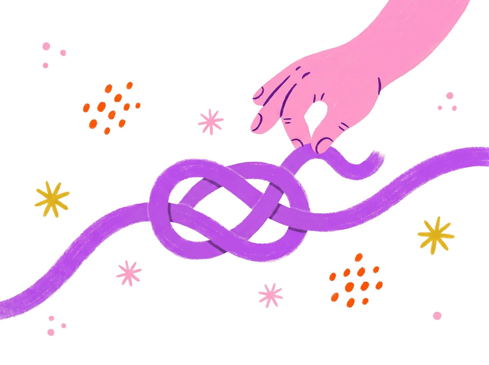 An illustration of a pink hand tying a purple rope into a knot, surrounded by small colorful star and dot decorations on a white background.