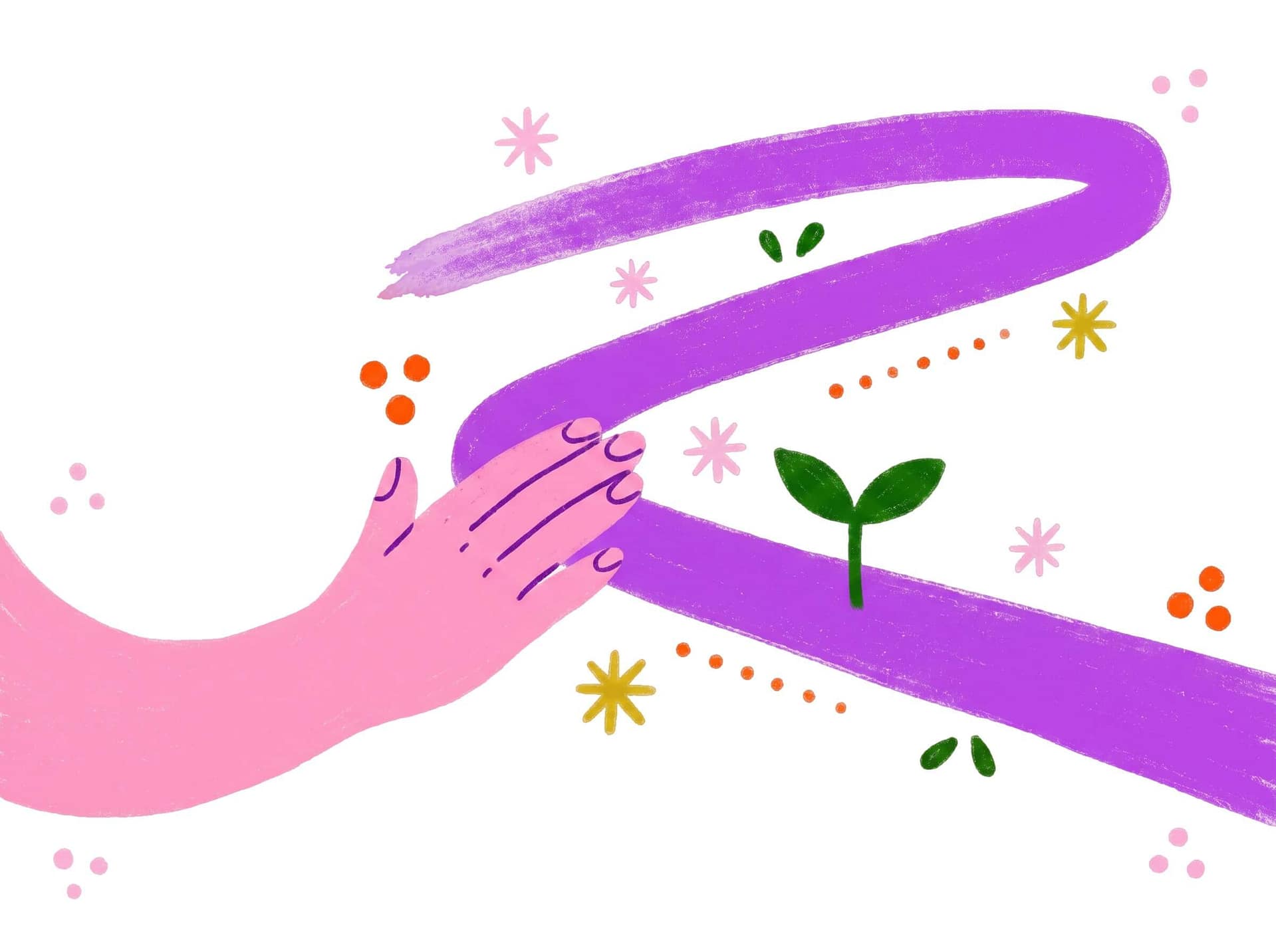 A pink hand touches a wavy purple path with a green sprout growing from it, surrounded by small colorful flowers and dots on a white background.