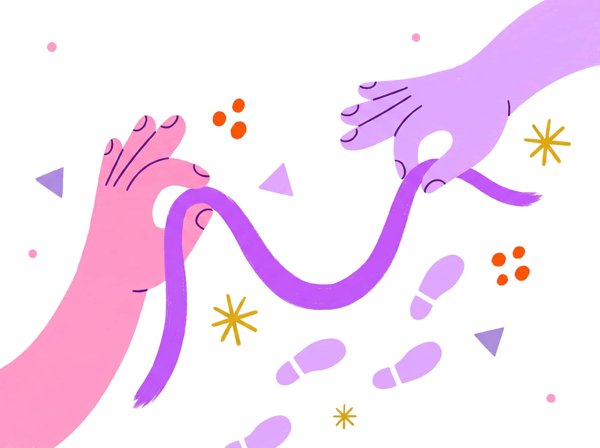 Two illustrated hands, one pink and one purple, hold a wavy purple ribbon together. There are abstract shapes, orange dots, yellow stars, and purple footprints scattered across a white background.