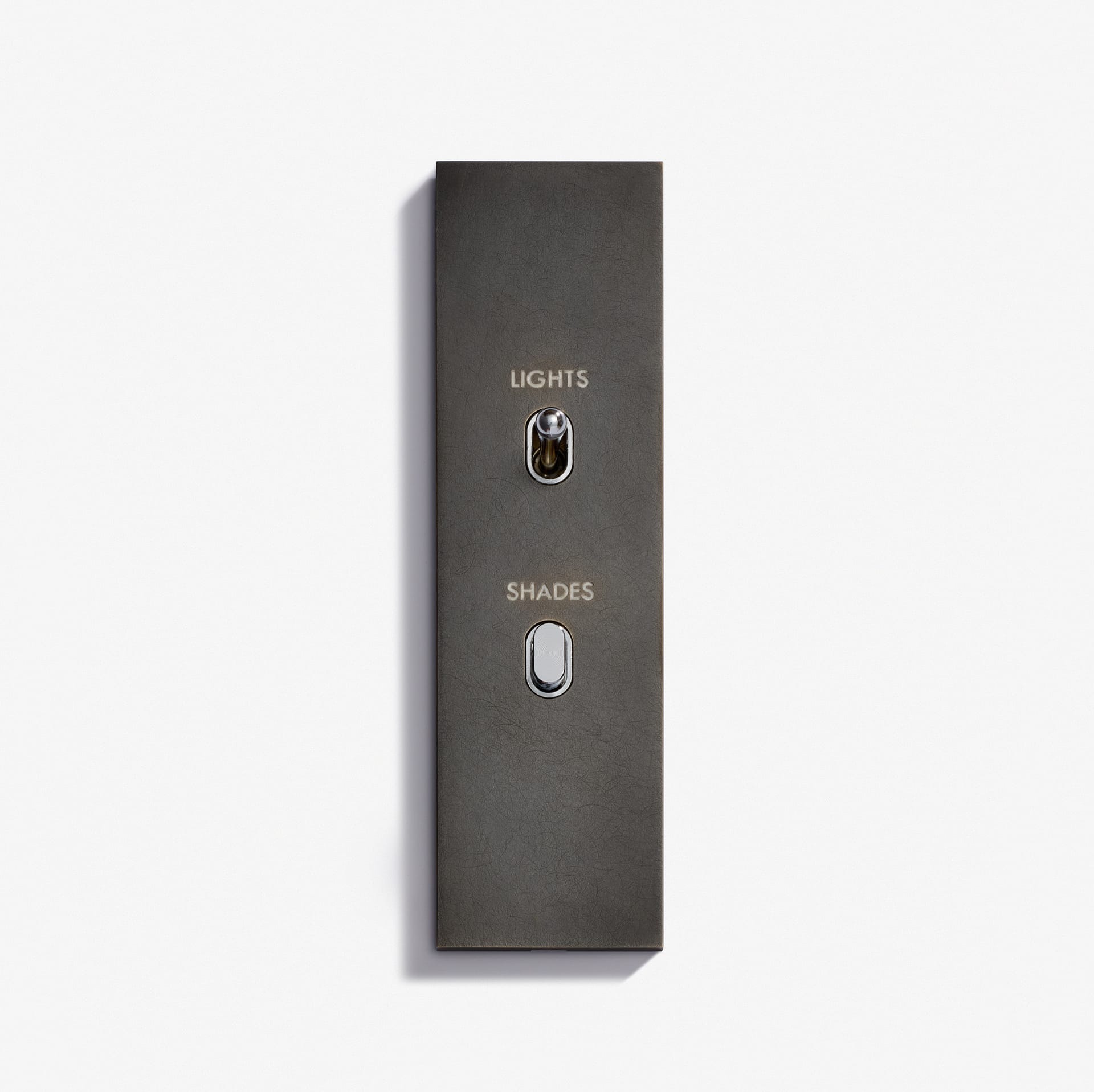 A rectangular black switch panel, similar in size to an Ellipse Keypad 38 x 133, features two metal toggle switches labeled "LIGHTS" and "SHADES," mounted against a plain white background.