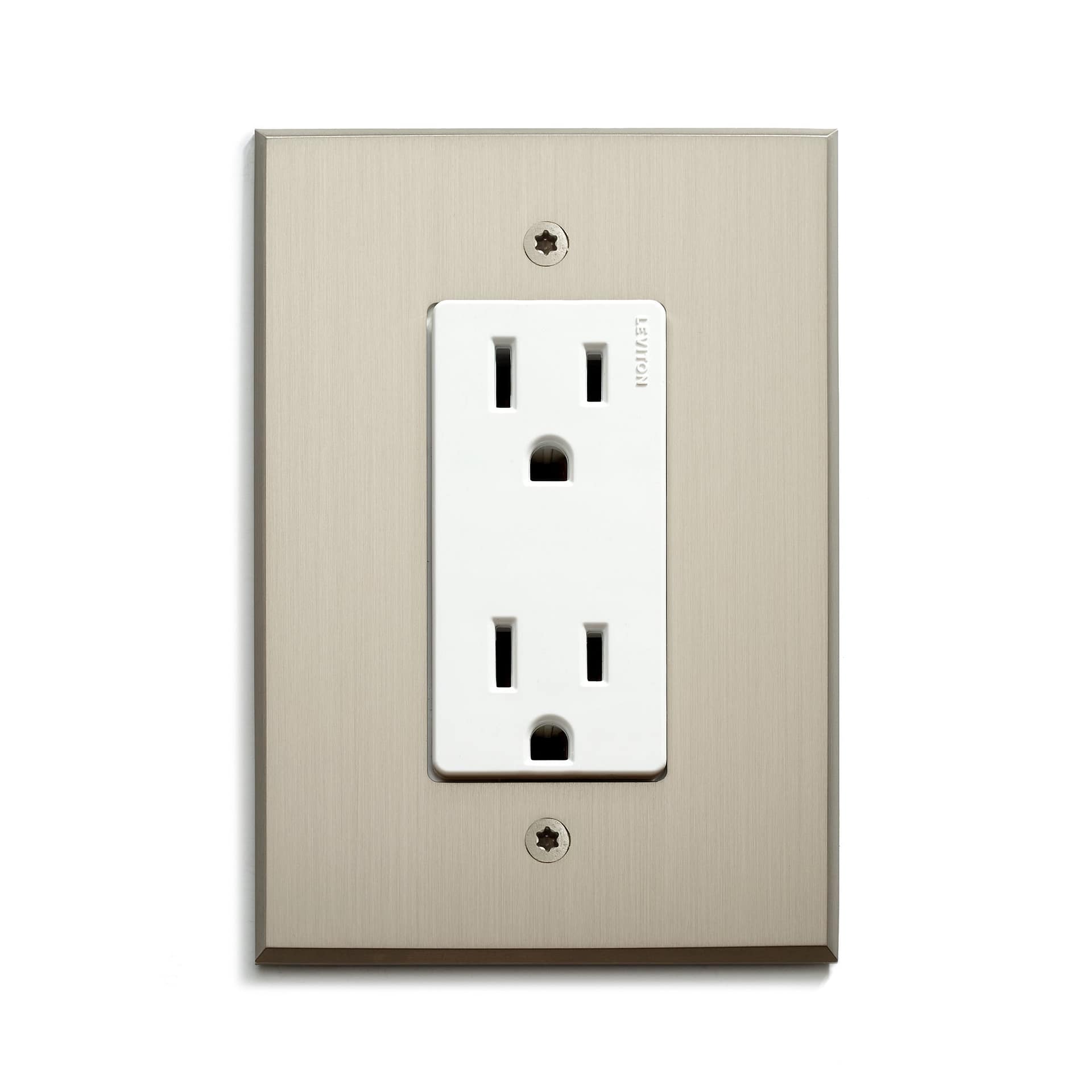 A single electrical outlet with a metallic cover plate on a plain white background.
