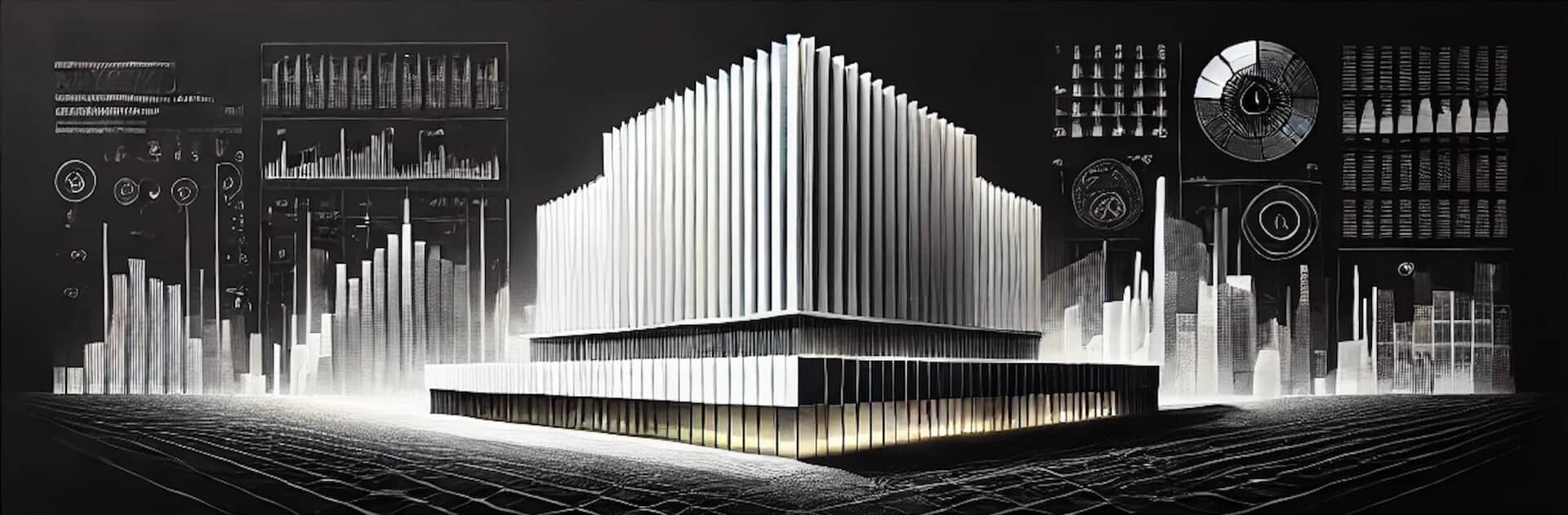 A futuristic, abstract cityscape in monochrome, featuring a central, angular building with vertical lines and illuminated bases. The background showcases various geometric shapes and diagrams, creating a high-tech, sci-fi atmosphere.