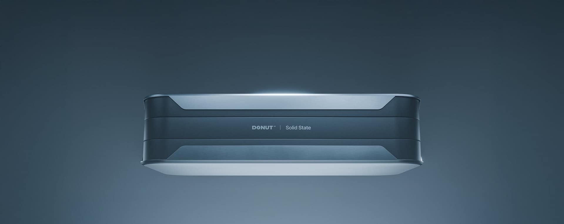 A sleek, horizontal Donut brand solid-state device centered against a dark blue background.
