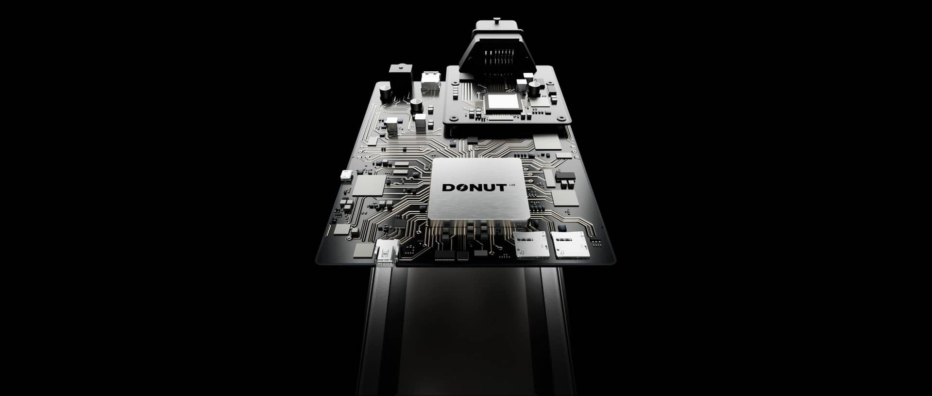 Close-up of a futuristic circuit board labeled "DONUT" with intricate patterns and components against a black background. The board appears elevated, showcasing its complexity and sleek design.