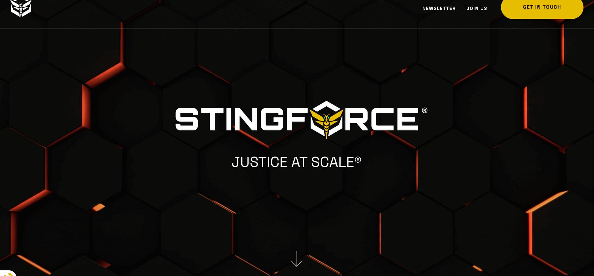 STINGFORCE logo with a bee symbol above the words "JUSTICE AT SCALE" on a black hexagonal background with orange highlights. Navigation options for newsletter, join us, and get in touch are at the top.