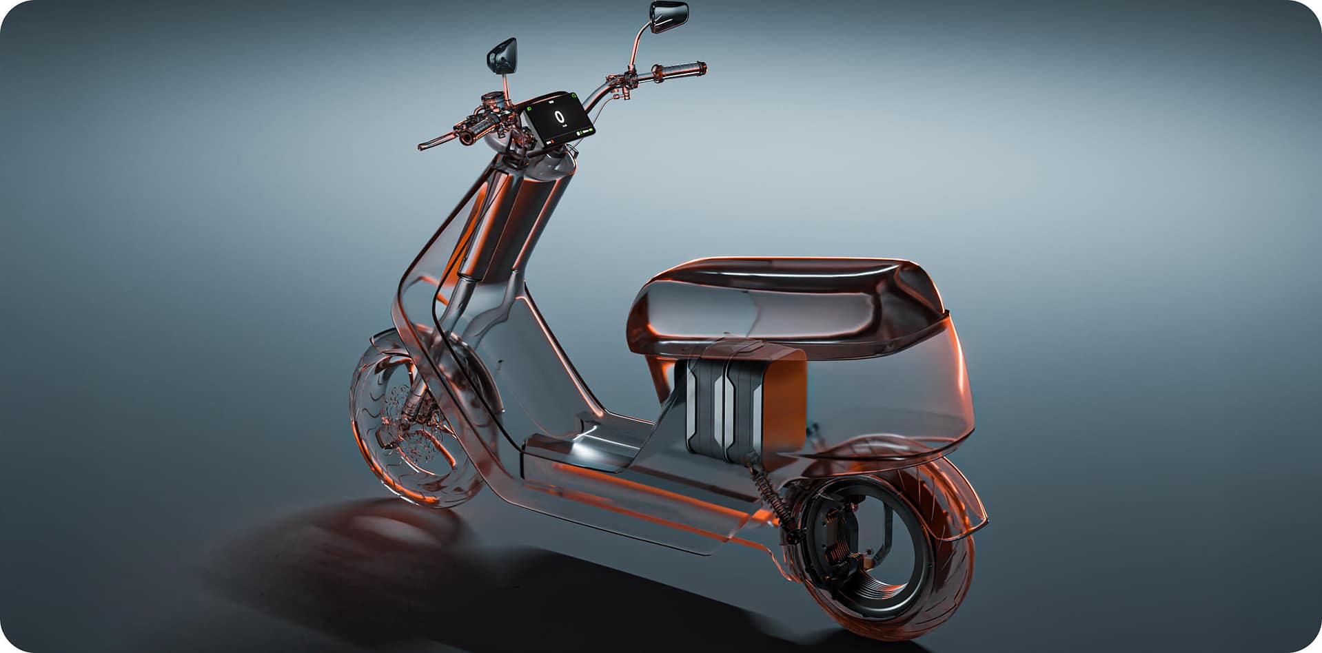 A transparent, futuristic electric scooter is shown on a smooth, grey background, revealing its internal components and battery. The design features rounded edges and modern aesthetics with orange-tinted highlights.