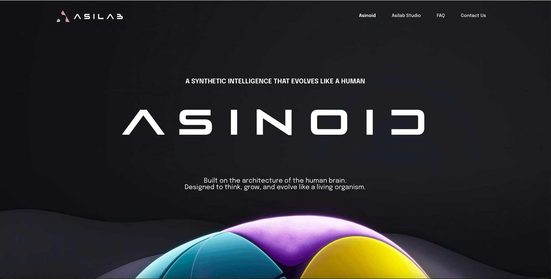 A dark webpage displays the ASINOID logo, with the tagline "A synthetic intelligence that evolves like a human." Below, it reads, "Built on the architecture of the human brain. Designed to think, grow, and evolve like a living organism.