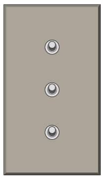 A gray rectangular light switch plate with three circular buttons arranged vertically in the center. The plate has a simple design with no text or labels. Each button is slightly raised and silver in color.