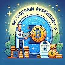 A person in a lab coat stands next to a large Bitcoin symbol, gold coins, a clipboard, and a money bag, with the words "BKCTOCAA1N RESEVEERR" in the background. The scene is colorful and cartoon-like.