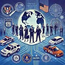 Illustration of FBI agents in suits standing in front of a globe, surrounded by law enforcement vehicles, FBI badges, logos, and an American flag, representing strategic international partnerships in investigation.