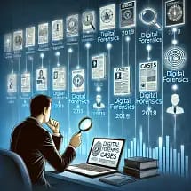 A person sits at a desk examining digital forensics documents with a magnifying glass, surrounded by floating digital files, icons, and timelines labeled “2018” and “2019,” representing digital investigations.