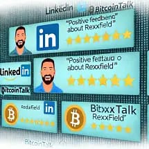 Digital graphic showing LinkedIn and BitcoinTalk logos, cartoon avatars, and five-star reviews with phrases like "Positive feedback about Rexxfield" and "Positive fettäua o about Rexxfield.