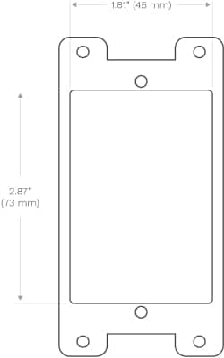 A technical drawing of a rectangular plate with rounded corners, featuring four circular screw holes near the corners and two additional smaller circular holes in the center, one at the top and one at the bottom. Dimensions are noted as 1.81" (46 mm) width and 2.87" (73 mm) height.