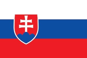 Flag of Slovakia with three horizontal stripes in white, blue, and red, and a national coat of arms—a red shield with a white double cross on blue hills—on the left side.