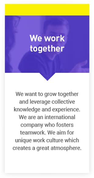 A card with a purple section reading "We work together" over a blurred image of two people. Below, text describes the company's focus on teamwork, collective knowledge, and creating a unique, positive work culture.