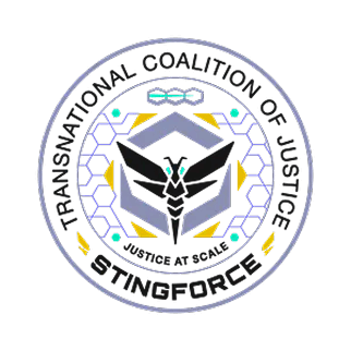 A circular logo with the text "TRANSNATIONAL COALITION OF JUSTICE" and "STINGFORCE." The center features a stylized black insect icon, hexagonal patterns, and the phrase "JUSTICE AT SCALE.
