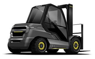 A modern, black and gray forklift with yellow accents is shown from a front-side angle, featuring large tires, a protective cab, and lifting forks positioned upright at the back.