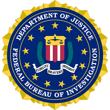 The official seal of the Federal Bureau of Investigation (FBI), featuring a shield with red and white stripes, green leaves, and a banner reading "Fidelity, Bravery, Integrity," surrounded by gold stars and text.