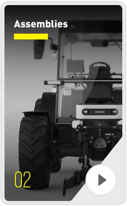 Front view of a tractor with the word “Assemblies” at the top left, a yellow bar below it, and the number “02” in yellow at the bottom left next to a white play button icon.