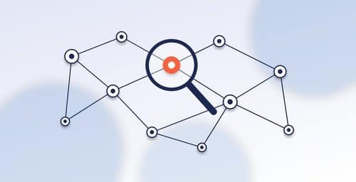 Cyber investigator mapping connected accounts with a magnifying glass to identify a fake email sender