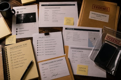 Pre litigation defamation investigation showing digital evidence preservation and case preparation