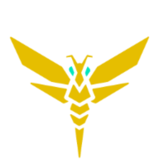 A stylized yellow moth with blue eyes is centered over a white hexagon outline with black background accents.