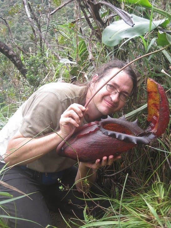 A man posing with a large horned lizard.