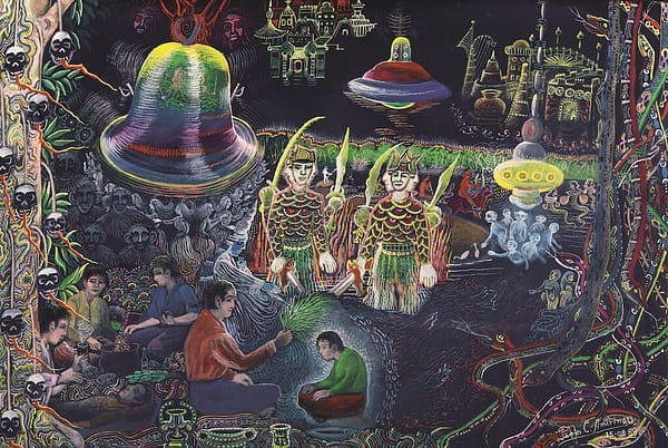 A psychedelic painting of a huge bell and many headed warriors