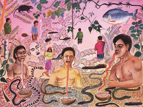 Painting of three sorcerers doing black magic in different settings