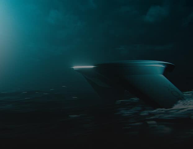 A futuristic ship with illuminated edges sails through dark, choppy waters at night, partially submerged and surrounded by a moody, cloudy sky.