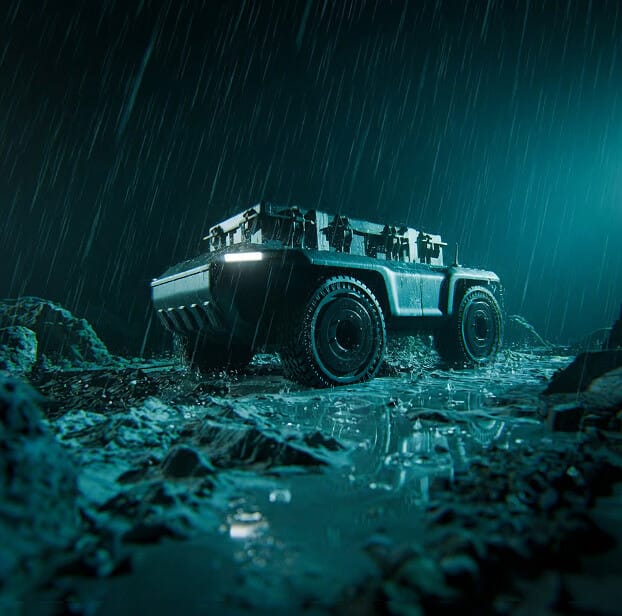 A rugged, military-style vehicle stands on rocky, muddy terrain under heavy rain at night, illuminated by blue-green light reflecting on wet surfaces.