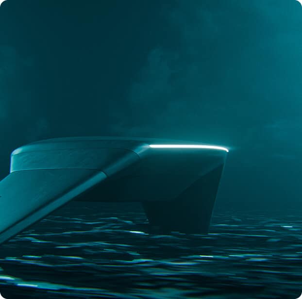 A futuristic, illuminated boat with sleek lines floats on dark, rippling water at night, with dramatic lighting and a moody, cloudy sky in the background.