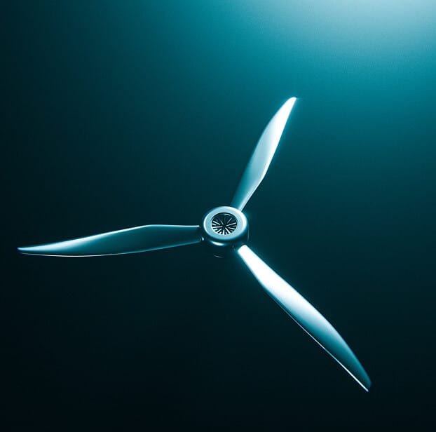 A three-bladed propeller with metallic blades is illuminated against a dark blue background, creating a sleek, minimalist appearance.