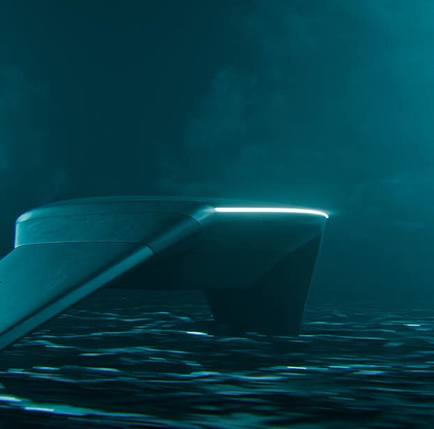A futuristic, illuminated vessel with sleek lines floats on dark, rippling water under a moody, cloudy sky, partially lit by a glowing edge.